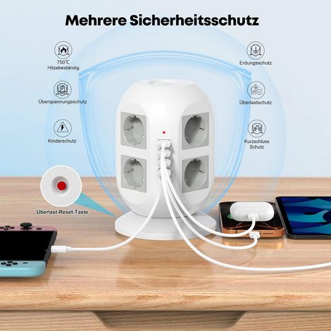 8-fach Steckdosenleiste mit Überspannungsschutz, 2 USB-Ladeanschlüssen, 2 m Kabel und 2 Schaltern (Weiß) (1/5)