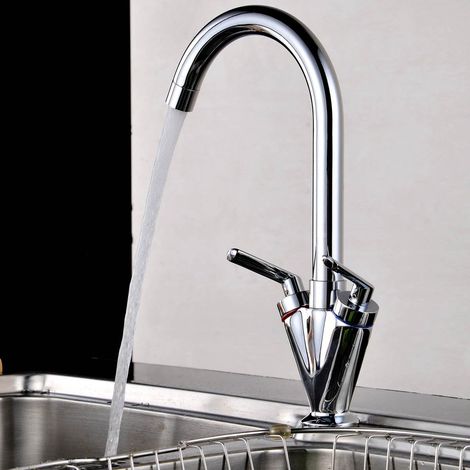 Kitchen Sink Mixer Taps Twin Dual Lever Spout Chrome Modern Kitchen Sink Basin Mono Brass Faucet Swivel 360° with Hose Chrome Faucet (1/5)