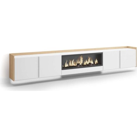Mueble TV Almayate-02 de 315x50x35 cm con chimenea eléctrica y luces LED, suspendido, color blanco y roble soft (1/4)