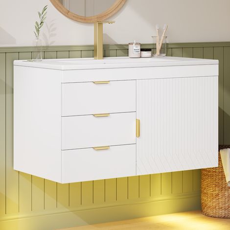 Mobile lavabo sospeso 76 cm con lavabo in ceramica, LED App, bianco, MDF, OKWISH (1/5)