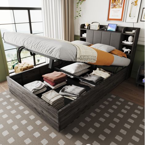 Bett 140x200 mit Stauraum USB Kopfteil Grau HAVRYA (1/5)