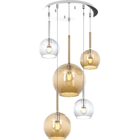 Lampadario Contemporaneo Future Metallo Cromo Vetro Mix Trasp-Ambra 5 Luci E27