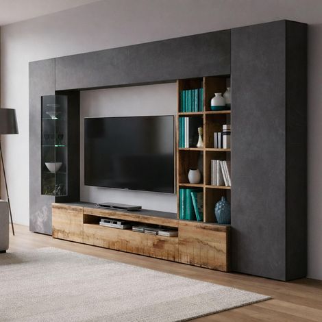 Unité Murale Ocean, Ensemble de Salon Meuble TV, Meuble de Salon Polyvalent avec lumière LED, 290x40h192 cm, Ardoise et Érable (1/5)