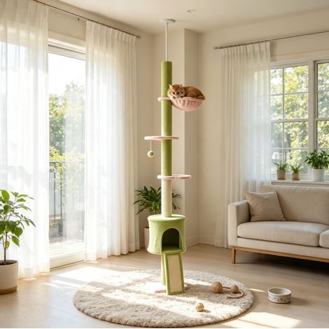 Boden-Decken-Kratzbaum für Katzen, höhenverstellbar 220–240 cm, 5 Ebenen, Grün (1/5)