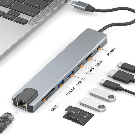 1 USB-C-Hub, 8-in-1-Multiport-Adapter, Dockingstationen, USB-C auf HDMI 4K und VGA, Ethernet RJ45, Audio/Mikrofon, 100-W-Stromversorgung, USB-3.0-Anschlüsse, Dockingstation (1/5)