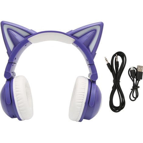 Casque Bluetooth Oreilles de Chat Stéréo Mignon Haute Sensibilité Micro Intégré Réglable LED Enfants avec Câble 3.5mm Violet (1/5)