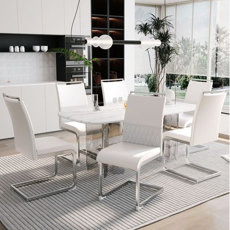 Sillas de comedor blancas, respaldo alto, PU y lino, lote de 6 OKMYHOME (1/5)