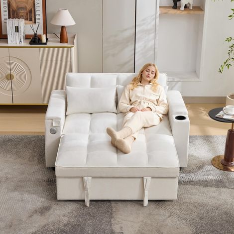 Canapé-lit 3 en 1 (140,5 x 74 x 82 cm) avec dossier réglable, port USB, canapé-lit 2 places, convertible en lit de jour, tablette escamotable et porte-gobelet intégrés, beige.