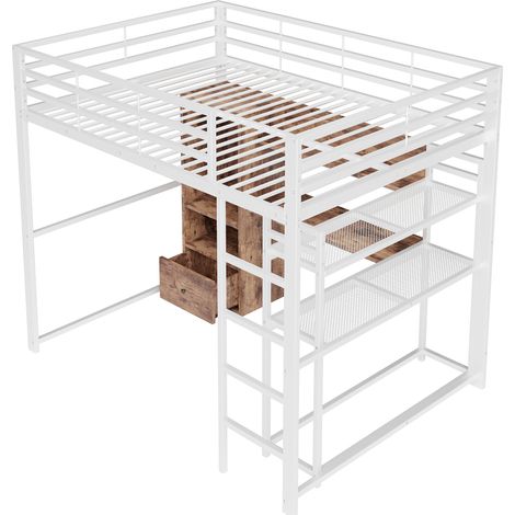 Hochbett 140 x 200 cm aus Metall und MDF, weiß, mit LED, Schreibtisch, Schublade und Leiter (1/5)