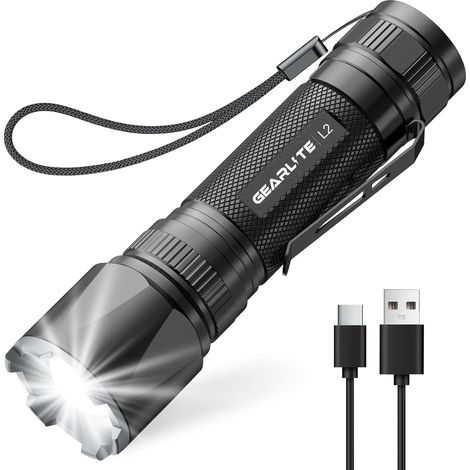 Lampe Torche Rechargeable, 3000LM Mini Lampe de Poche Tactique LED Ultra Puissante Rechargeable Zoomable avec 3 Modes D'éclairage, IP65 Étanche Longue Portée LED Flashlight pour Campin, Vert (1/5)