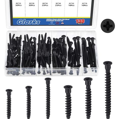 130pcs M5 x 35/40/50mm M7 x 40/50/70mm Kit de vis de confirmation de tête Pozi-Flat, vis auto-roscante en acier au carbone noir, Vis de meubles Pozi Drive pour cabinet (1/5)
