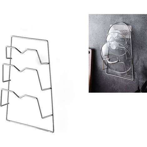 Support mural multifonction à 3 niveaux pour couvercles de casseroles, en acier inoxydable, avec planche à découper intégrée. Idéal pour la cuisine. (1/5)