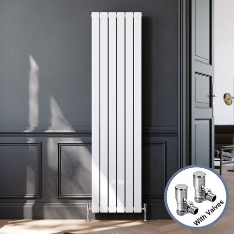 ELEGANT Vertical Flat Column Designer Radiator Wall/Floor Mounted Central Heating Rad 1800x452mm White Flat Double Panel Radiator + Modern Angled Radiator Valve