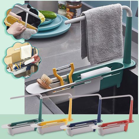 Teleskop-Spülbeckenablage, Spülbecken-Organizer, Seifenschale, Schwammhalter, Abtropffläche, Aufbewahrungskorb, blaue Küchenaccessoires und Gadgets (1/5)