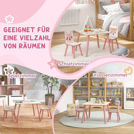 Table et 2 chaises enfant en pin rose, motif animal, chambre d'enfant, 3-8 ans, mobilier bois naturel (1/5)