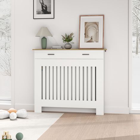 Cubierta de radiador antivuelco con listones y cajón de almacenamiento, de madera, 112x19x97 cm, blanca.