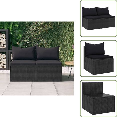 The Living Store Canapés centraux de jardin et coussins 2pcs Noir Résine tressée - Canapé central (1/5)