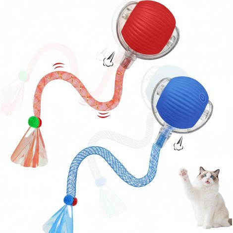 Jouet Chat,Lot de 2 Jouet Jouet Chat Interactif,Balle Chat Jeux pour Chat Interieur,Doté d'une Queue Qui Clignote et Bouge Rapidement, il Réveille l'instinct de Chasseur du Chat (Red+Bule) (1/5)