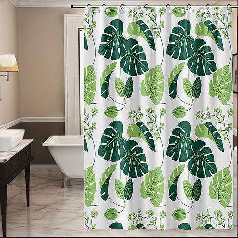 Rideau de douche 180 x 180 cm, imperméable et anti-moisissure, en PEVA, avec 12 anneaux, motif feuilles vertes. (1/5)
