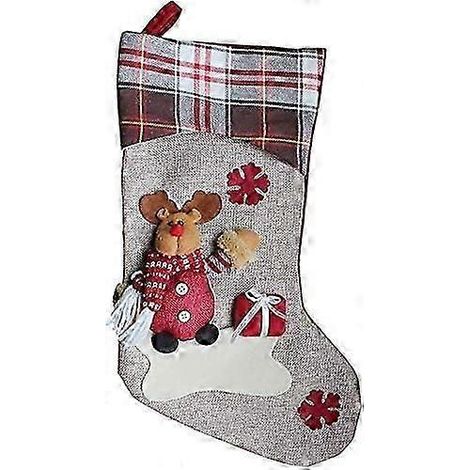 Sac cadeau en forme de chaussette de Noël, motif renne, 45 cm, toile de lin, grande capacité pour bonbons et cadeaux, décoration de Noël (1/4)