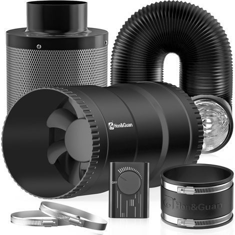 Ensemble de ventilation de 100 mm 221 m³/h avec ventilateur tubulaire intégré, variateur de vitesse, filtre à charbon actif, tuyau d'extraction en caoutchouc, manchon en caoutchouc, système (1/5)