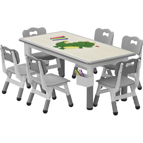 Ensemble table enfant + 6 chaises réglables en hauteur (2-10 ans) - plateau facile à nettoyer, pieds antidérapants, ergonomique - gris clair effet bois - Europe - sans boîte de rangement (1/5)