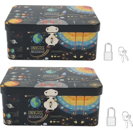Boîte de Rangement Rectangulaire Étanche en Fer-Blanc avec Serrure et Clés - 2 Pièces, Design Infographie Univers Cartoon pour Bureau et Maison (1/5)