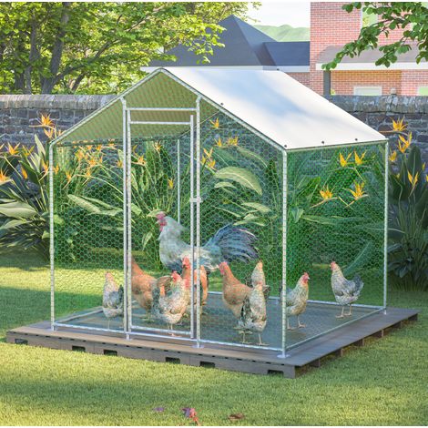 Enclos pour poules 2 x 2 x 2 m avec serrure de sécurité, bâche PE imperméable, acier galvanisé argent (1/5)
