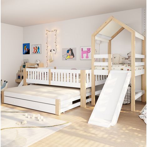 Letto per bambini 307x155.3x173.7 cm, con letto estraibile, scivolo, scala laterale, scomparti, legno massello, bianco e naturale (1/5)