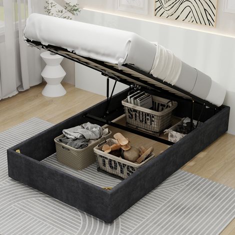 Cama almacenaje 90x200 cm cabecero juguetón tapizado tela y metal color gris (Sin colchón) (1/5)