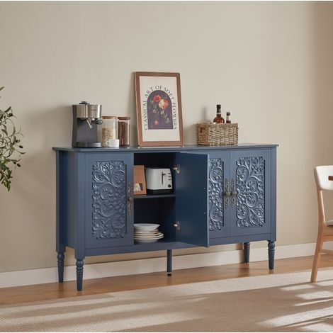 Buffet 160x40x89 cm style rétro avec relief sculpté, grand rangement, bords arrondis, marine - bleu (1/5)