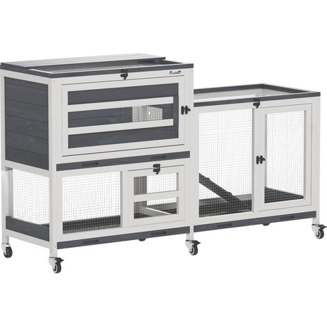 Clapier lapin bois 2 étages à roulettes 3 plateaux pour 2-3 lapins gris 147 x 45 x 89,5 cm