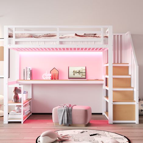Lit mezzanine 90x200 cm en métal avec bureau, étagères et escalier de rangement, blanc (1/5)