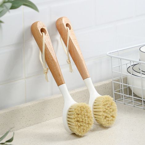Brosse À Vaisselle - Manche En Bois - Bord Grattoir - Poils Nylon 0,5 Mm - Pour Casseroles Poêles Assiettes Éviers - Lot De 2 (1/4)