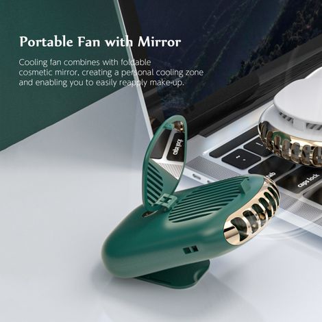 Mini ventilateur de cou à suspendre avec miroir cosmétique, mains libres, sans pales, rechargeable, portable, à 3 vitesses, avec support pliable, idéal pour la maison, le bureau et les activités extér (1/5)