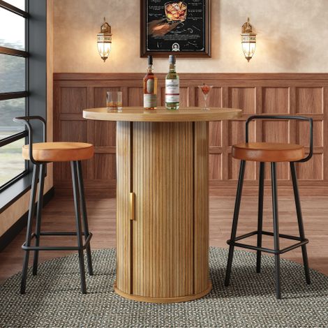 Table haute ronde avec rangement intégré hauteur de 91,6 cm fabriquée en MDF avec finition effet bois supporte jusqu'à 75 kg adaptée aux coins bar ou aux séjours. (1/5)