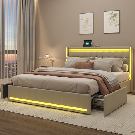 Lit double capitonné 160x200cm, Lit coffre avec 4 Tiroirs, Lit adulte avec sommier à lattes, éclairage LED, tête de lit avec fonction chargement USB, Lit rembourré tissu en lin,Beige (1/5)