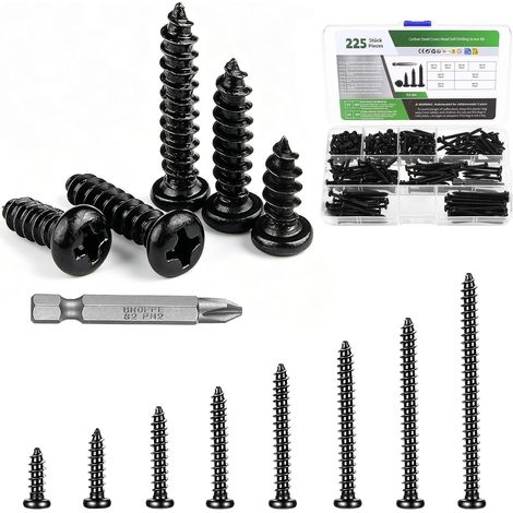 Lot de 225 vis autotaraudeuses en métal, M4 - Vis à bois autoperceuses à tête ronde en croix - Pour travaux manuels, réparations en métal, plastique, bois (noir) (1/5)