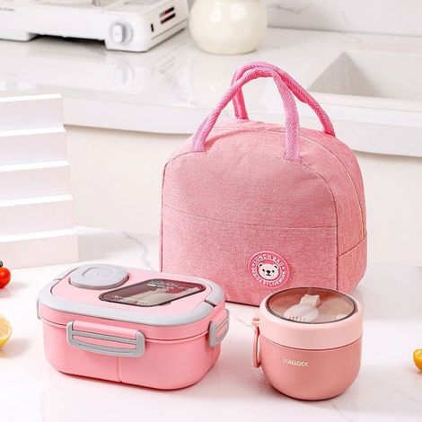 Boîte à lunch - 1200 ml + 1 bol à soupe - Sac isotherme - Élégante - Pratique - Rose (1/4)