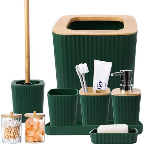 Ensemble de 9 Accessoires de Salle de Bain Beige avec Poubelle, Plateau de Coiffeuse, Distributeur de Savon, Porte-Savon, Porte-Brosse à Dents, gobelet à Brosse à Dents, Brosse WC et Supports (1/5)