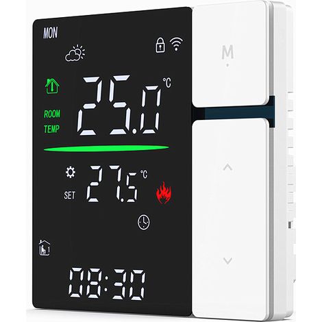 Intelligenter Thermostat ohne WLAN – Programmierbar für Gastherme/Warmwasserbereiter/Pumpe (Wassersystem), Touch-Bedienung, Kindersicherung, LED-Anzeige, Weiß