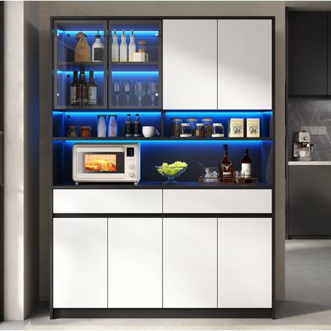 Armario alto auxiliar (120x38x160 cm), con iluminación LED, vitrinas de cristal, 2 cajones, MDF negro y blanco (1/5)