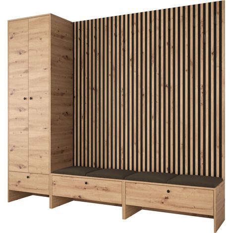 Mobilier1 – Meuble d'entrée Hartford – Chêne artisan + Manila – Dimensions 206x230x44cm – Tissu stratifié – Panneau mural souple