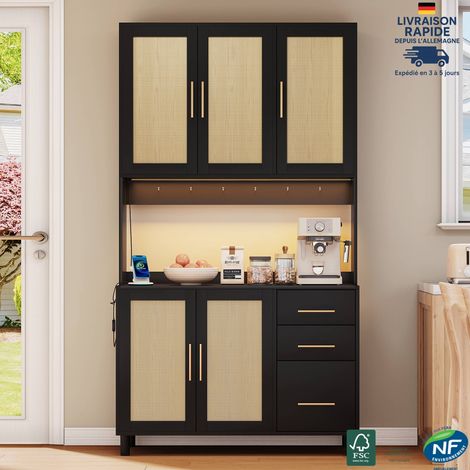 Buffet de cuisine 183 cm avec éclairage LED décoratif contrôlé par application, 2 ports USB, 2 prises et étagères réglables - Noir