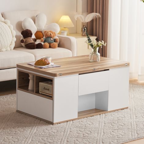 Table basse multifonction relevable – plateau transformable en 2 tables, blanc + bois naturel, grande capacité, meuble de salon moderne, table bureau / repas / loisirs