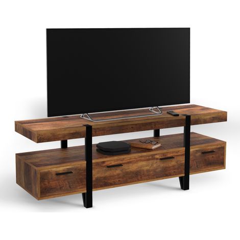 Idmarket – Meuble TV 140 cm bois foncé et métal noir – 3 tiroirs – Design industriel avec pieds épingle – Trou passe-câble
