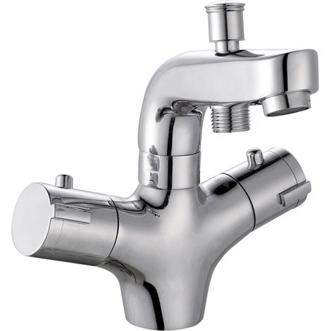 Eurosanit – Mitigeur thermostatique de baignoire – Corps en laiton – Cartouche thermostatique – Bouton sécurité anti-brûlure 38°C – Inverseur automatique