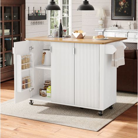 Isla de cocina 130/75/92 cm blanca con tapa abatible, 3 puertas y ruedas (1/5)
