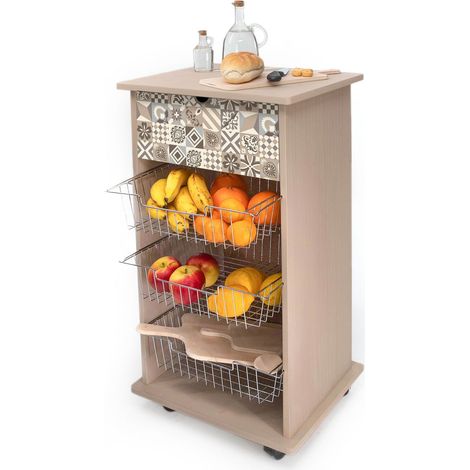 Lupia - Carrello Cucina Multifunzione VINTAGE TILES VINTAGE, Portafrutta Ruote Piroettanti, Piano di Appoggio, tre Cestelli Estraibili in Acciaio, Legno 40X45H85 cm montato (1/4)