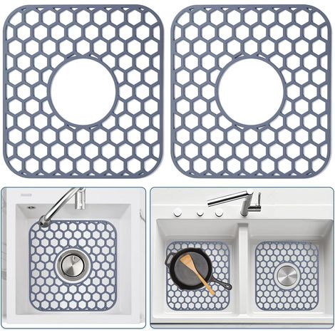 Protectores de silicona para fregadero de cocina (paquete de 2), 31,7 x 29,5 cm, con desagüe central, alfombrilla antideslizante resistente al calor para fondo de porcelana y acero.